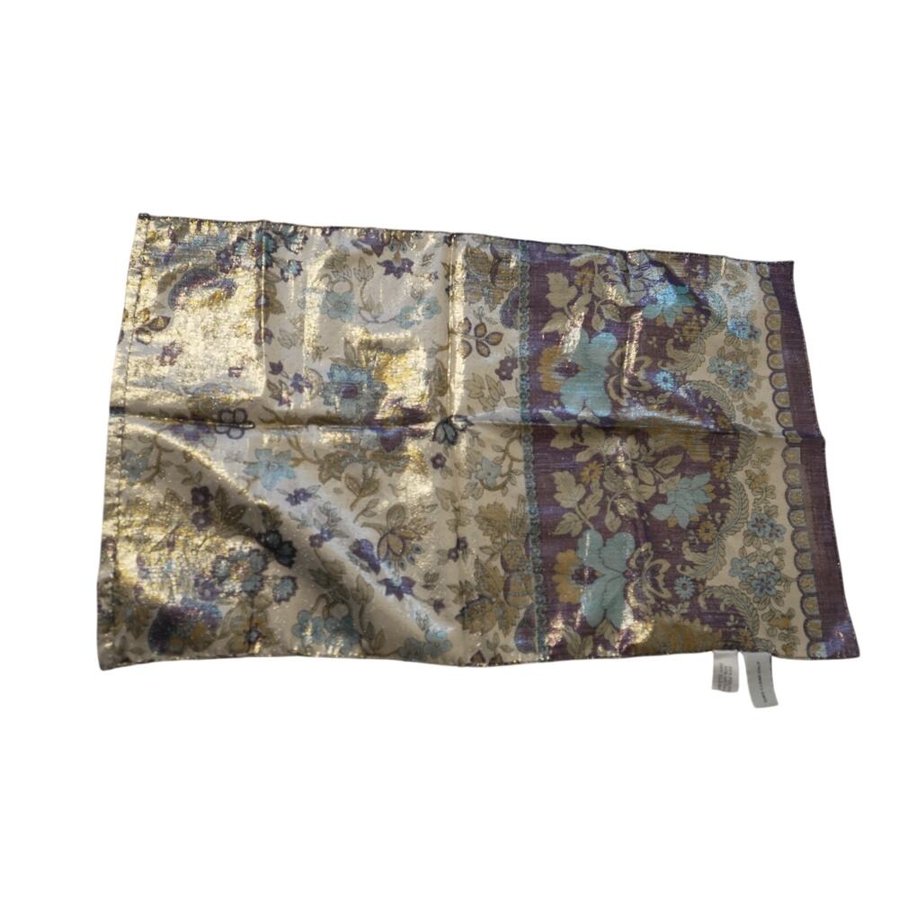 Unbranded Scarf 19 x 12" Silver Metallic Floral Purple Blue Cream Rectangle Wrap